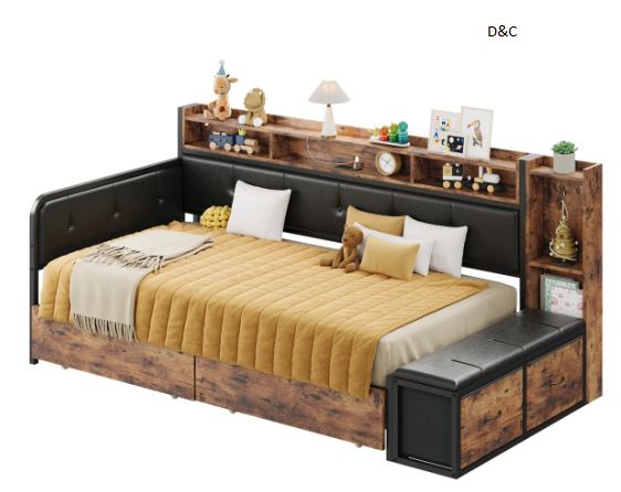 Antioch Bed Frame with 2 Underbed Drawers & 2 Bedside Drawers, Modern Bed with Charging Station & LED Light