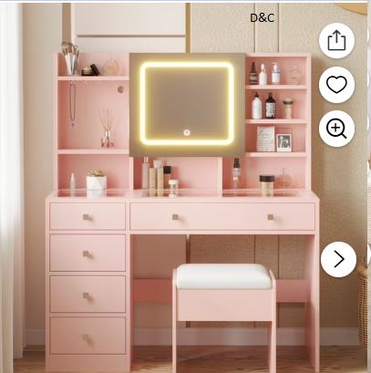 Ktaxon Large 47.2″ Makeup Vanity with 3 Color Lights, Dressing Table with USB Charging Station, Light Pink
