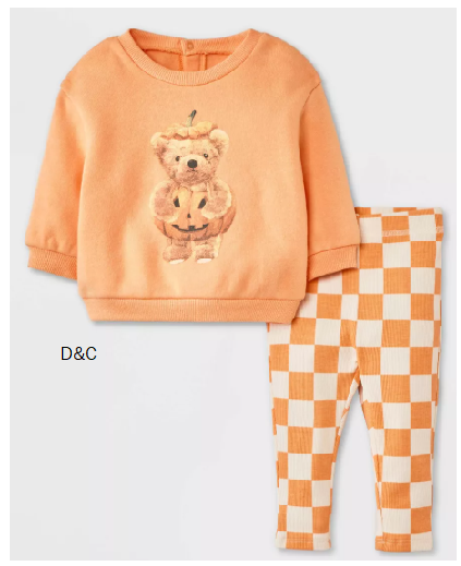 Baby 2pc Teddy Bear Halloween Pumpkin Pullover & Checkered Bottom Set – Orange