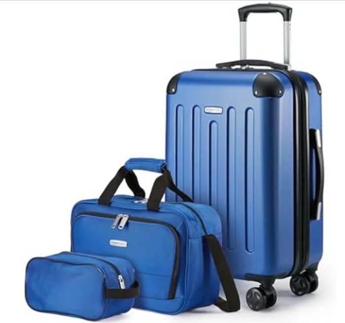 Amazon Basics 3-Piece Luggage Set, Including Carry-On Luggage (22″ Expandable Hardside Suitcase With 8 Spinner Wheels), 15″ Tote Bag, and 10″ Compact Travel Bag, Navy Blue