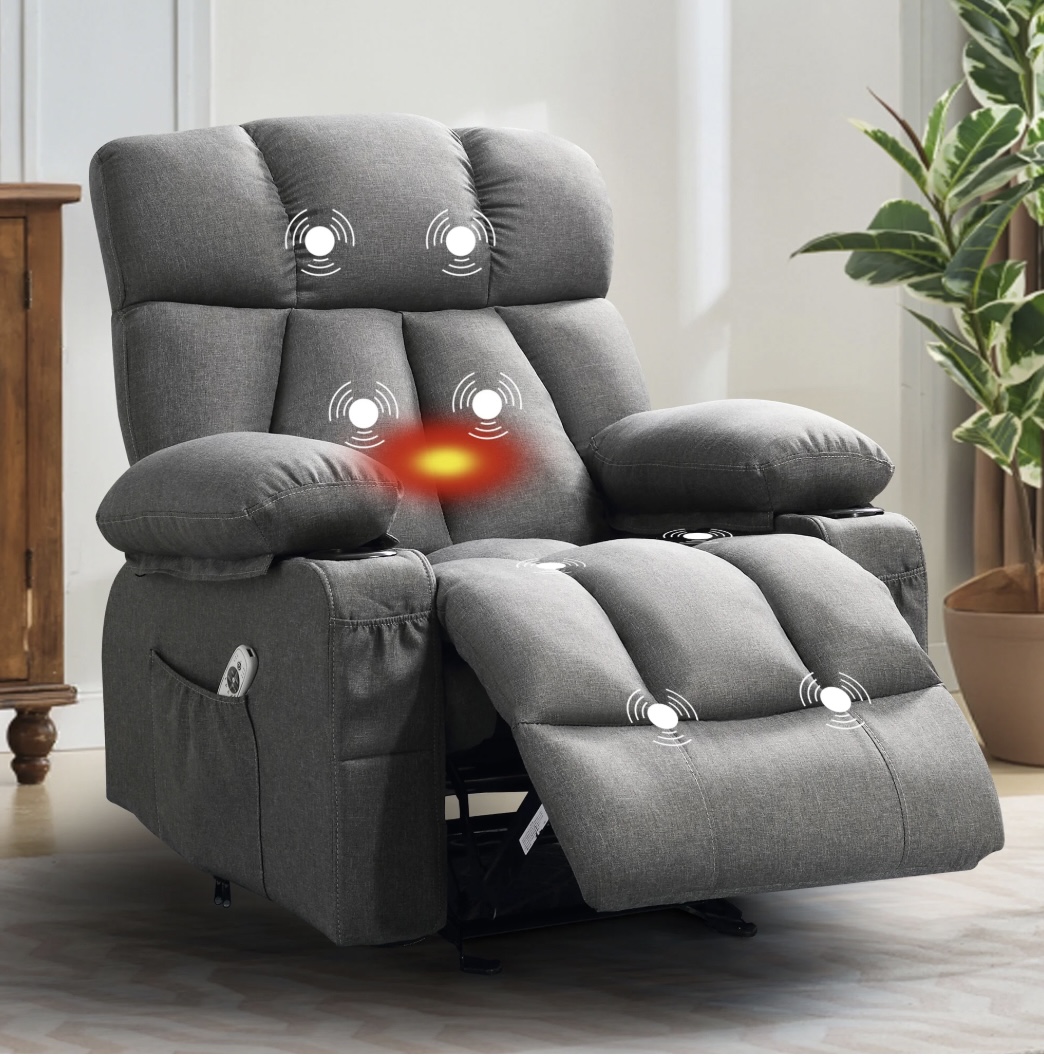 Manual Recliner Chair with Heat Therapy and Massage Function, Heavy Duty Reclining Mechanism Massage Chair, Elderly Single Rocker Sofa with Cup Holders for Bedroom Home Theater,Grey