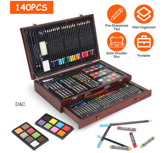 140Pcs Art Supplies With Colored Pencils Oil Pastels Crayons, Watercolor Cakes Brushes Sharpener Eraser In Elegant Wooden Box Professional Art Kit