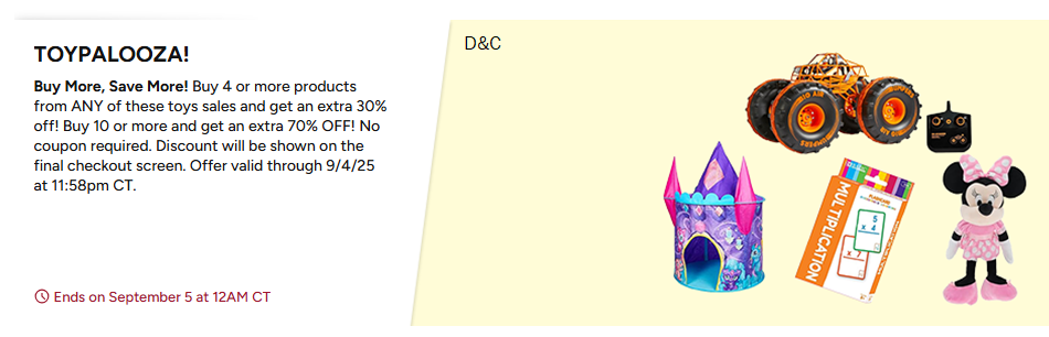 Huge Toy saleAdd 10 and you will get extra 70% off in the cart.