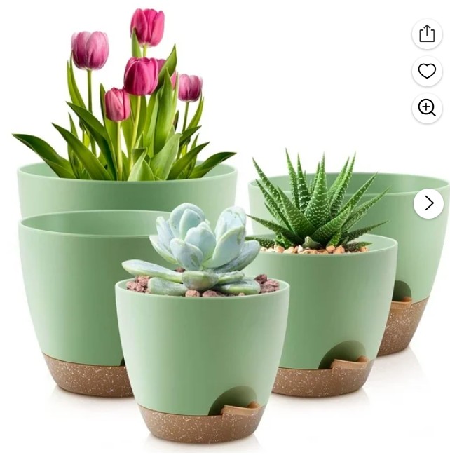 FOUKUS Set of 5 Self-Watering Plant Pots with Drainage – Eco-Friendly Plastic Planters for Indoor & Outdoor Use – Pots for Succulents, Cactus, Snake Plants (7″, 6.5″, 6″, 5.5″, 5″) – Green