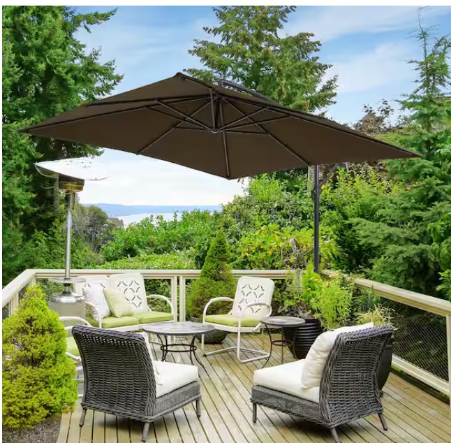 8.2FT Backyard Cantilever Hanging Patio Umbrella in Square Taupe Canopy, Steel Pole and Ribs for Outdoors, Beaches