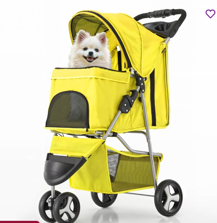 Foldable Pet Stroller, 3 Wheels Folding Carrier Jogger Stroller for Dogs Cats with Canopy and Basket