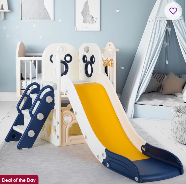 Kids Slide L-Shaped, 4 in 1 Slide Climber for Toddler, with Ball & Hoop, Storage Space and Non-Slip