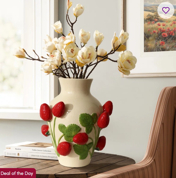 Ivory with Red Strawberries 11-Inch Tall Vase