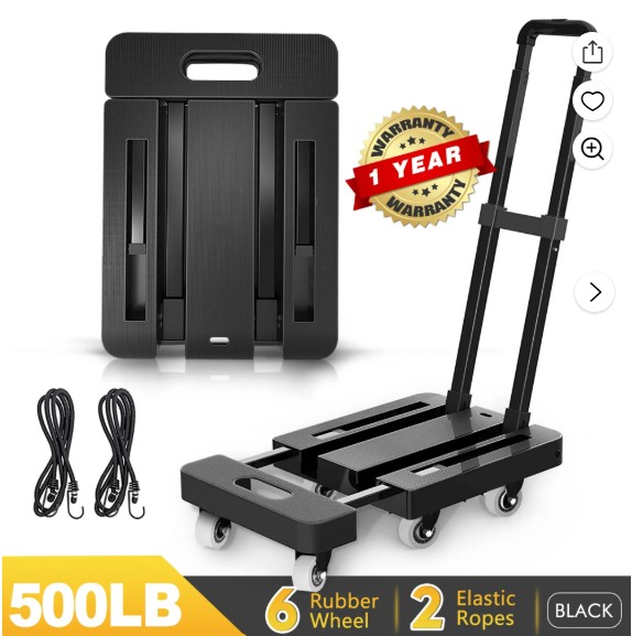 M BUDER Folding Hand Truck, 500 LBS Heavy Duty Dolly Cart, Utility Platform Cart with 6 Wheels for Travel, House, Office, Shopping, Moving Use – Black Folded Size is 11.8 x 17.7”
