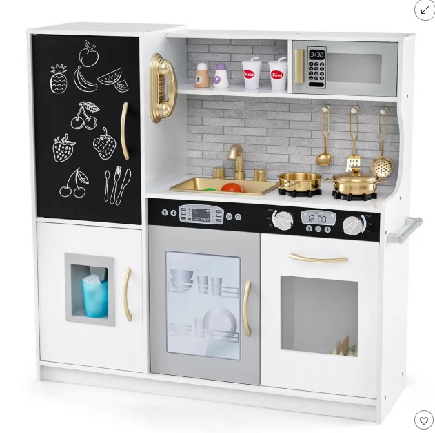 Costway Kid’s Pretend Play Kitchen Toddler Kitchen Playset with Blackboard Pink/White/Light Pink/Beige