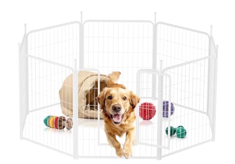 HealSmart Dog Playpen 32 Inch 8 Panels, Heavy Duty Metal Pet Playpen Indoor Outdoor for Camping, Yard, RV, Garden Fence, Privacy Patio, White