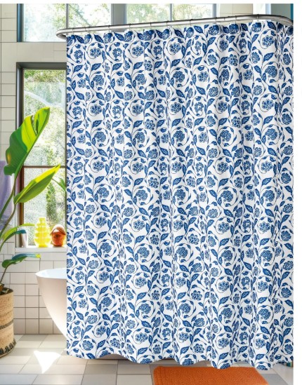 Mainstays by Becky G. & Alejandra 13-Piece White & Blue Floral Fabric Shower Curtain Set