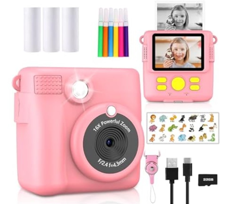 Instant Print Camera for Kids & 1080P HD Digital Video Camera – with 3 Rolls Photo Paper & 32GB Card, Pink