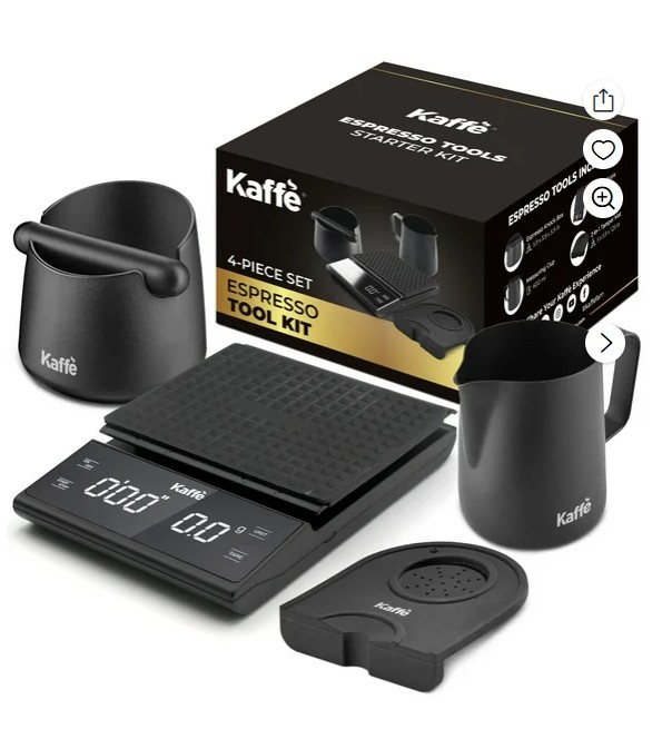 Kaffe Espresso Tool Kit, 4-Piece Set – Digital Scale, Knock Box, Milk Frothing Pitcher, and Tamping Mat for Espresso Machines