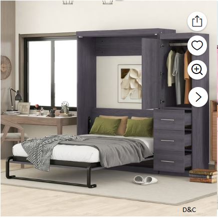 Euroco Wood Full Size Murphy Wall Bed with Wardrobe and Drawers for Living Room, Moveable Wardrobe and Drawers, Space-Saving & Easy Open and Close for Kids Teens Adults, Gray