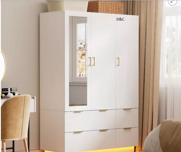 PAKASEPT 47″Wide White Armoire Wardrobe Closet with 3 Door, Mirror, LED Lights, Hanging Rod and 6 Drawers