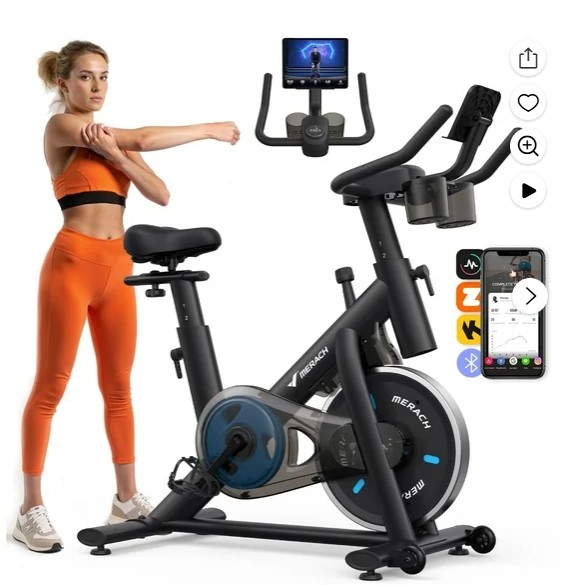 MERACH Stationary Exercise bike with Exclusive Free APP, Indoor Cycling Bicycle with 300lbs Weight Capacity, Silent Belt Drive and Comfortable Seat Cushion for Home Cardio Workout 35 Lbs Flywheel