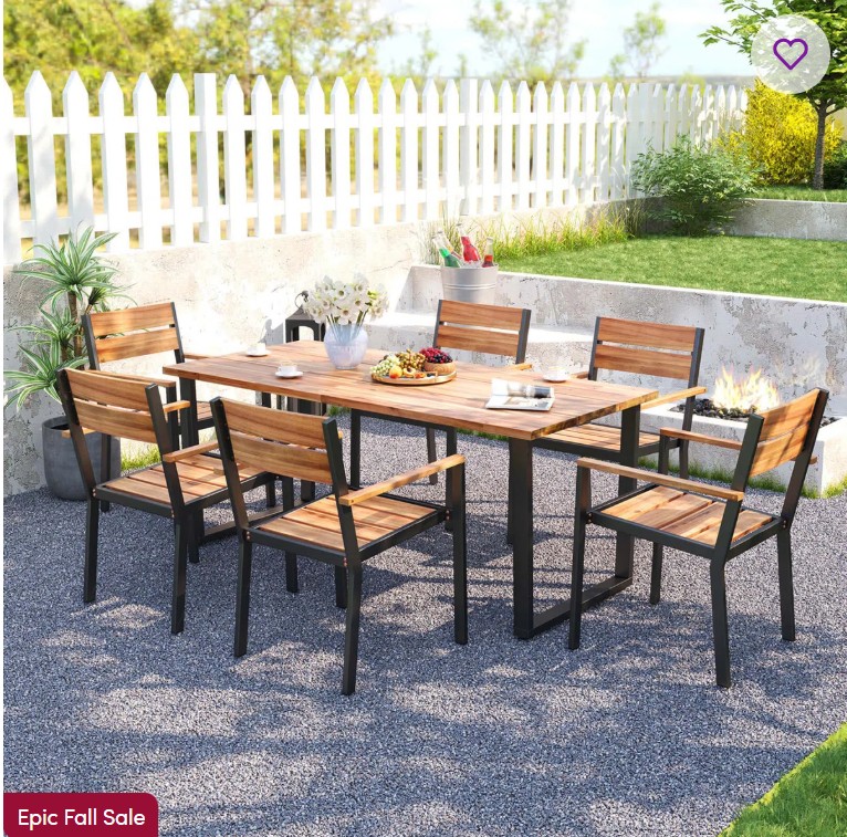 7 Pcs Acacia Wood Patio Dining Set 6 Armchairs And 69″ Table With 2″ Umbrella Hole