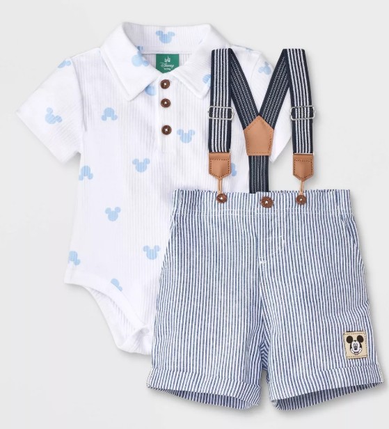 Baby Boys’ 2pc Disney Mickey Mouse Bodysuit & Shorts Suspender Set – Blue