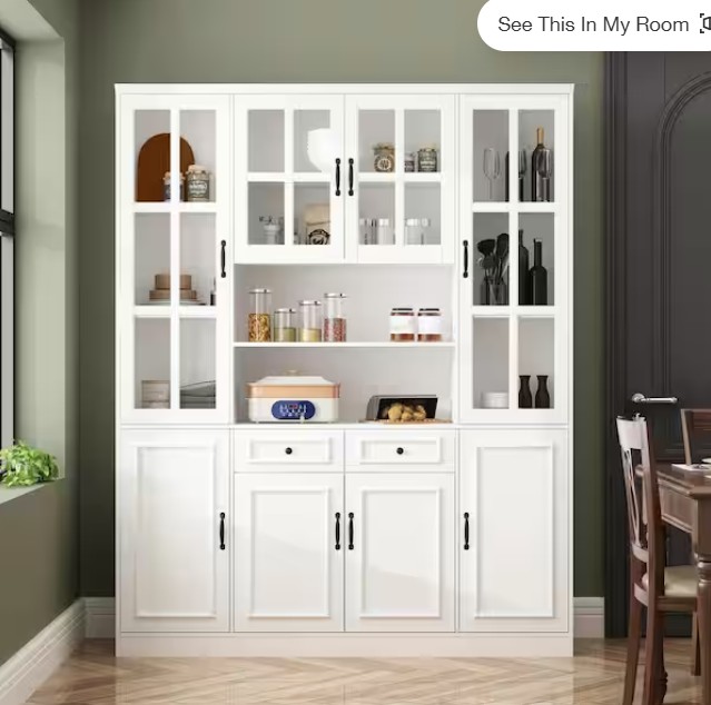 White Wood 63 in. W Buffet and Hutch Kitchen Cabinet With Glass Doors, 2-Drawers, Adjustable Shelves