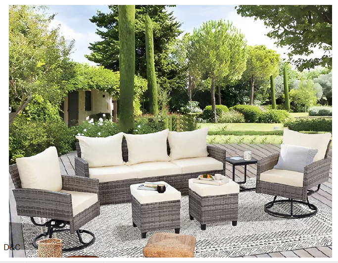 6 Piece Wicker Patio Conversation Set with Gray Cushions