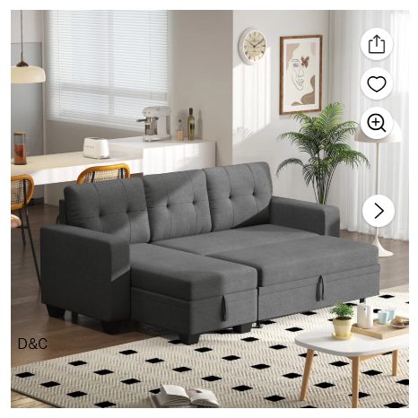 DEALTOPS Linen Reversible Sleeper Sectional Sofa Bed with Storage Chaise,Dark Gray