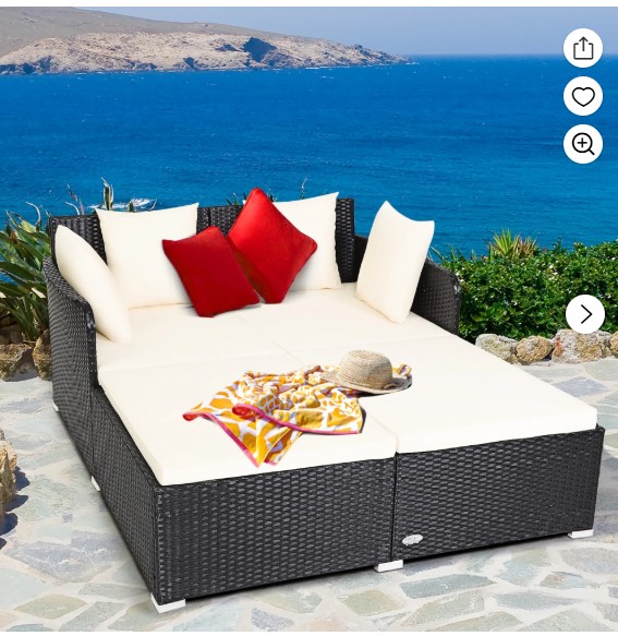 Costway Outdoor Patio Rattan Daybed Pillows Cushioned Sofa Furniture Beige