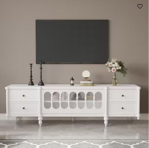 White Entertainment Center Fits TVs up to 70 in. Decorative Glass Doors, Living Room Storage Cabinet, Entryway Sideboard