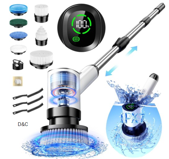 Electric Spin Scrubber, IPX7 Waterproof Cordless Power Shower Scrubber with Extension Handle and 7 Brush Heads