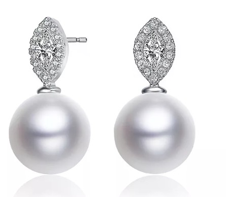 Elegant Sterling Silver & Rhodium-Plated Freshwater Pearl Earrings with Marquise Cubic Zirconia