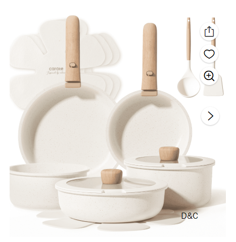 Carote 15 Pcs Nonstick Cookware Sets, Granite Non Stick Pots and Pans with Removable Handles, Oven Safe, Induction Compatible, Cream White