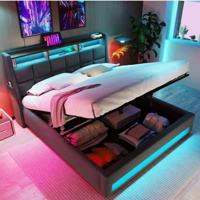 Gray Wood Frame Queen Linen Platform Bed with LED Lights, Hydraulic Storage, USB Charging, Storage Headboard, Pockets