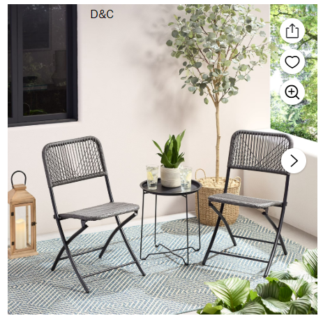 Mainstays 3-Piece Steel and Wicker Rope Folding Outdoor Patio Bistro Set, Gray/Black