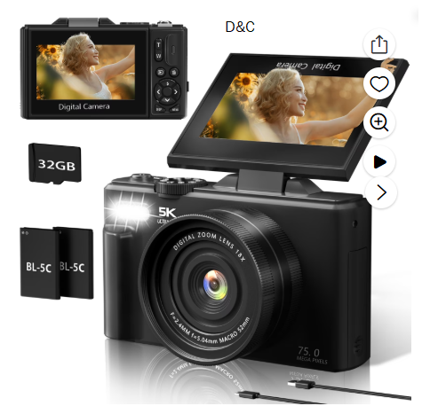 XLURC 5K Digital Camera for Photography with Wifi, 75MP Vlogging Camera for YouTube with 3″ 180° Flip Screen, 18X Digital Zoom with 32GB Micro SD Card & 2 Batteries (Pink)