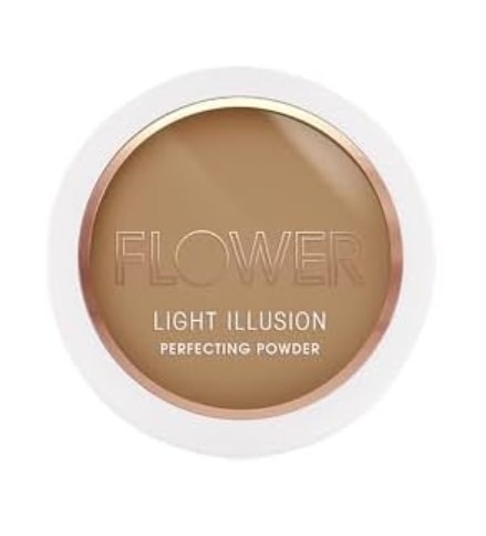 FLOWER Beauty By Drew Barrymore Light Illusion Perfecting Powder – Powder Foundation + Setting Powder for Makeup – Medium Buildable Coverage – Natural Glow + Flawless Finish – Mirror + Sponge Include d (Mocha)
