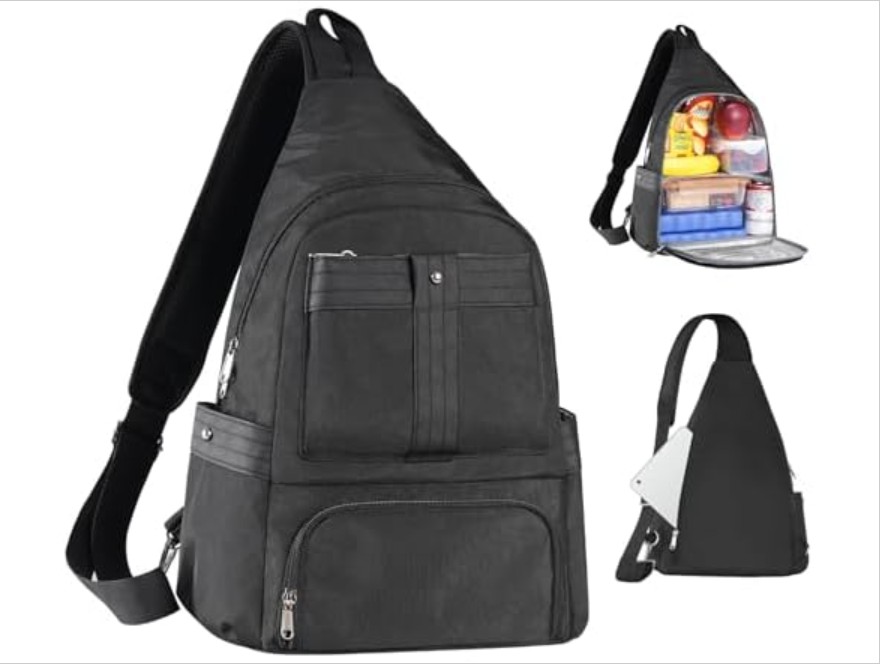 HesLaus Crossbody Lunch Backpack, Double Deck Large Insulated Lunch Box for Men Women Adult, Leakproof Lunchbox with Side Pokets for iPad, Small Cooler Bag for Work Office Hiking Beach Picnic, Black