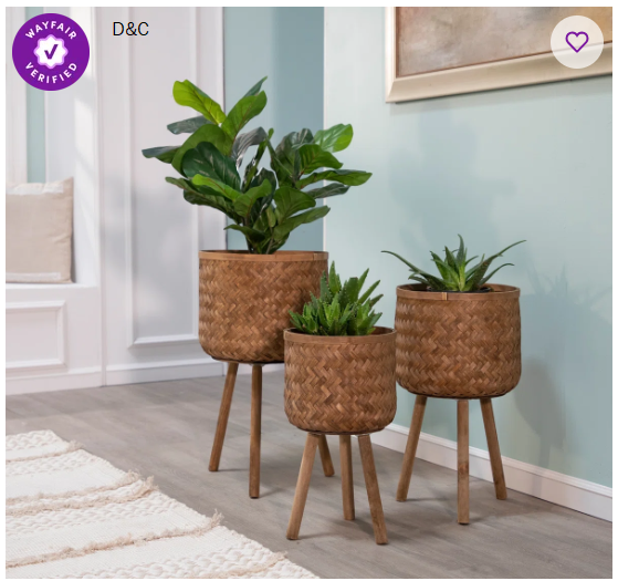Handwoven Bamboo and Pine Wood Planters with Tripod Base, Decorative Woven Design, Durable Construction, Set of 3