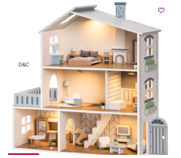 Wooden Doll House with 29 Pieces of Furniture and Enchanting Illumination