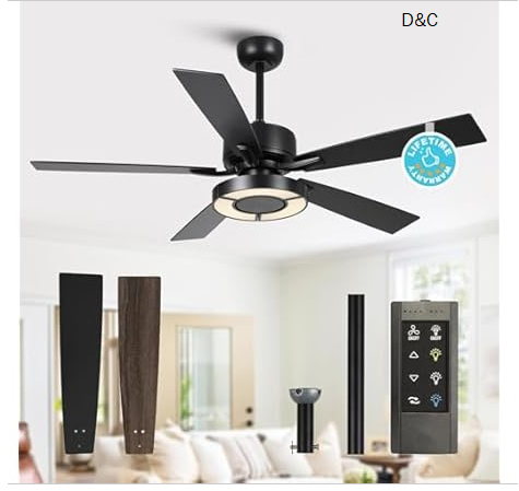 52‘’ Bedroom Ceiling Fans with Lights and Remote Black LED Chandelier Fan, Modern Dimmable 3 Color Fan Light, Quiet Reversible DC Motor, Adjustable LED Lighting, Easy to Install