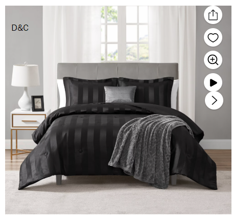 Mainstays Rich Black 5 Piece Damask Stripe Comforter Set, King, Adult, Unisex