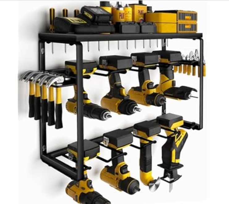 Power Tool Organizer, 8 Drill Holders Wall Mount, 3 Layer Heavy Duty Metal Storage for Garage Organization, Tools Storage with Hooks, Screwdriver Hammer Holder