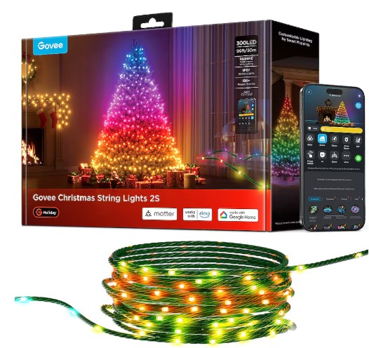 Govee Christmas String Lights 2S – 99ft 300 -Count 99-ft Multi-function White/Multicolor LED Plug-In Indoor Christmas String Lights Timer