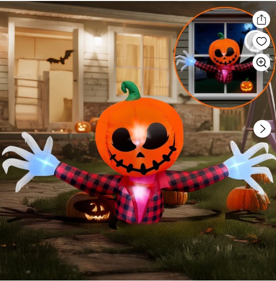 BeePrincess 5 FT Halloween Inflatable Pumpkin Ghost – Outdoor LED Blow-Up Decoration with Giant Arms, Light-Up Eyes, Waterproof Yard Decor for Lawn and Garden