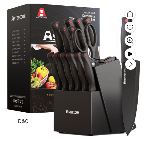 Astercook Kitchen Knife Set, 14 Pcs Knives Block Set with Built-in Sharpener, Healthy Anti-Rust Coating & German Stainless Steel Knife Set, Dishwasher Safe Black