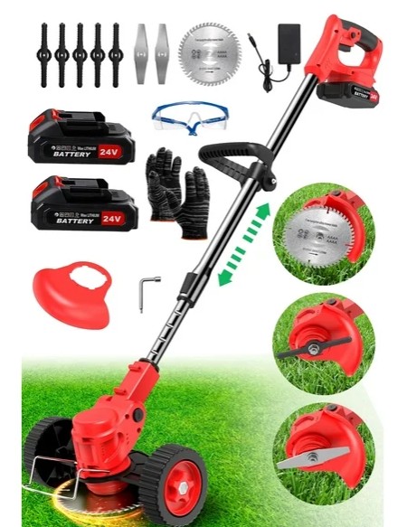 TNTANTS Electric Weed Wacker, Cordless String Trimmer with Wheels, 2Pcs 24V Batteries, 3 Types of Blades, Adjustable Length, Weed Eater Grass Trimmer/Edger/Brush Cutter for Lawn Yard Garden (Red)