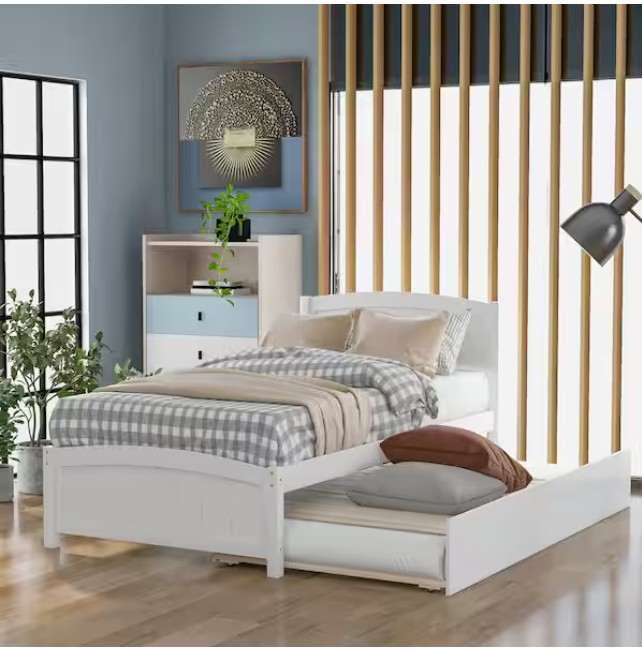 Classic 41.7 in. W White Wood Frame Twin Size Platform Bed with Trundle