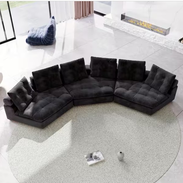 130 in. Square Arm Rectangle 3-Seater Frosted Velvet Free Modular Sectional Sofa in Gray