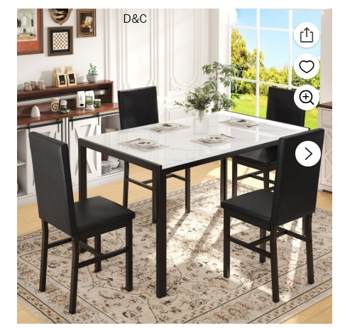 PAPROOS Dining Table Set for 4, Modern 5-Piece Kitchen Table Set with Faux Marble Top and Leather Upholstery Chairs, Heavy Duty Dinette Sets for Breakfast Nook, Dining Room Table and Chairs, Black
