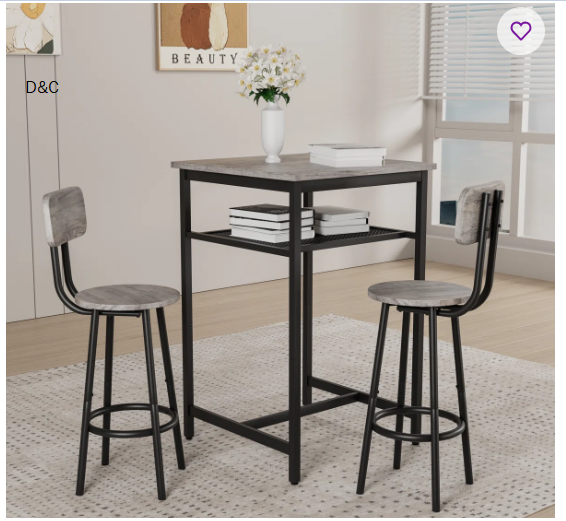 Counter Height Bar Table Set with 2 Matching Backrest Stools