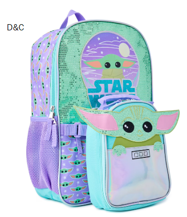Star Wars Mandalorian Baby Yoda Girls 17″ Laptop Backpack 2-Piece Set with Lunch Tote Bag, Purple Green
